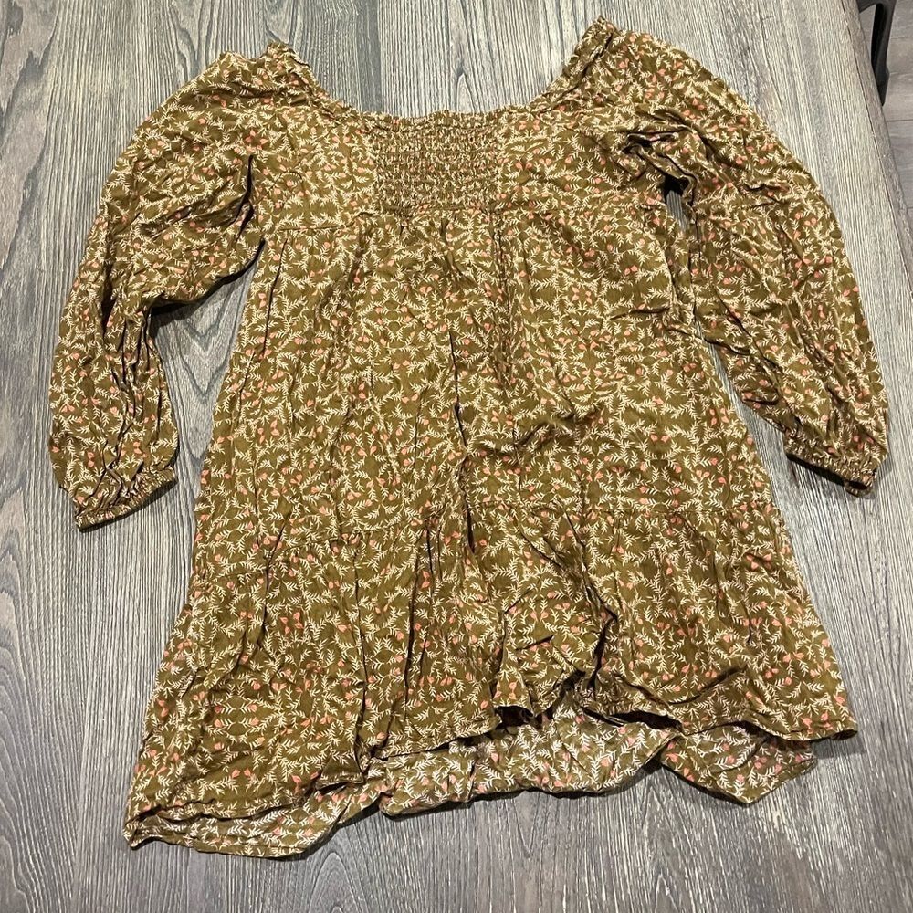 Universal Thread Mini Dress Long Sleeves Square Neck Puff Sleeve Floral Green XL